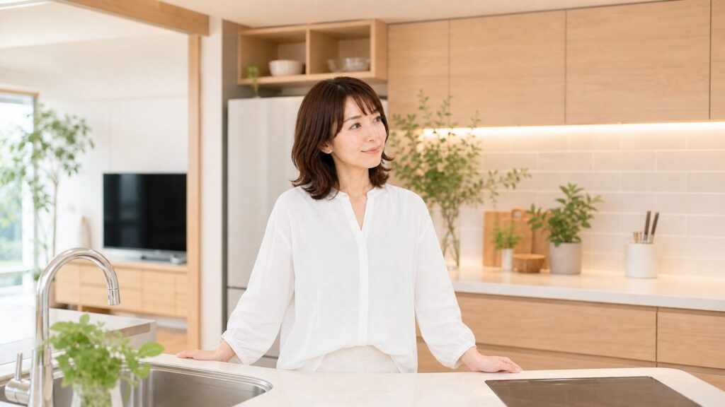 リフォーム後の明るく使いやすいマンションの対面キッチンに立つ女性