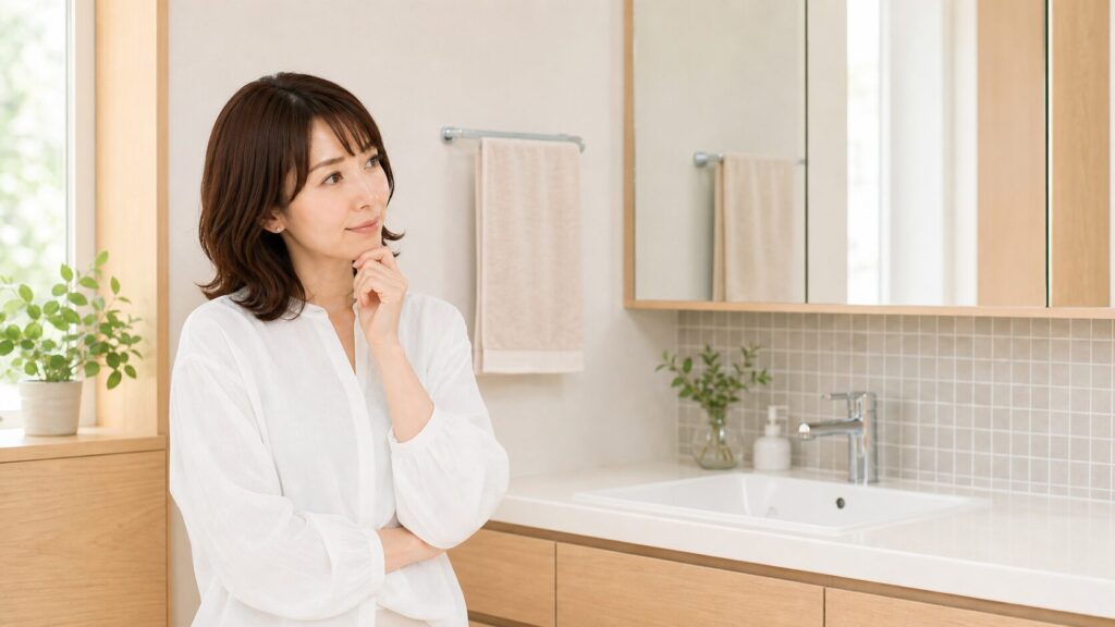 洗面所の前で費用を考える女性
