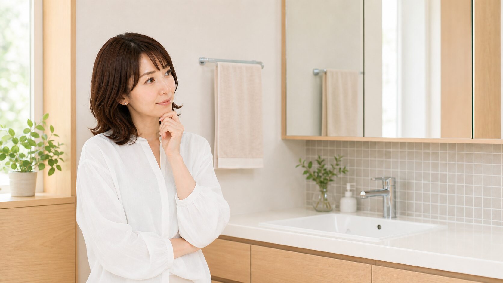 洗面所の前で費用を考える女性