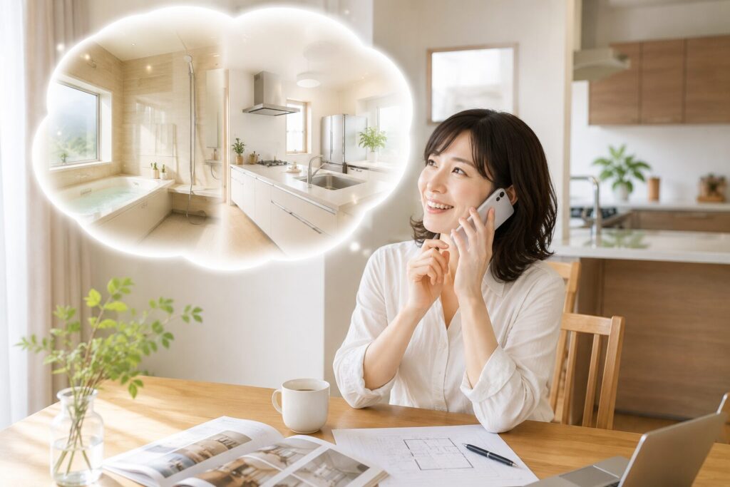 新しいキッチンと浴室をイメージしながら、リフォーム会社へ電話で相談する40代女性のイメージ