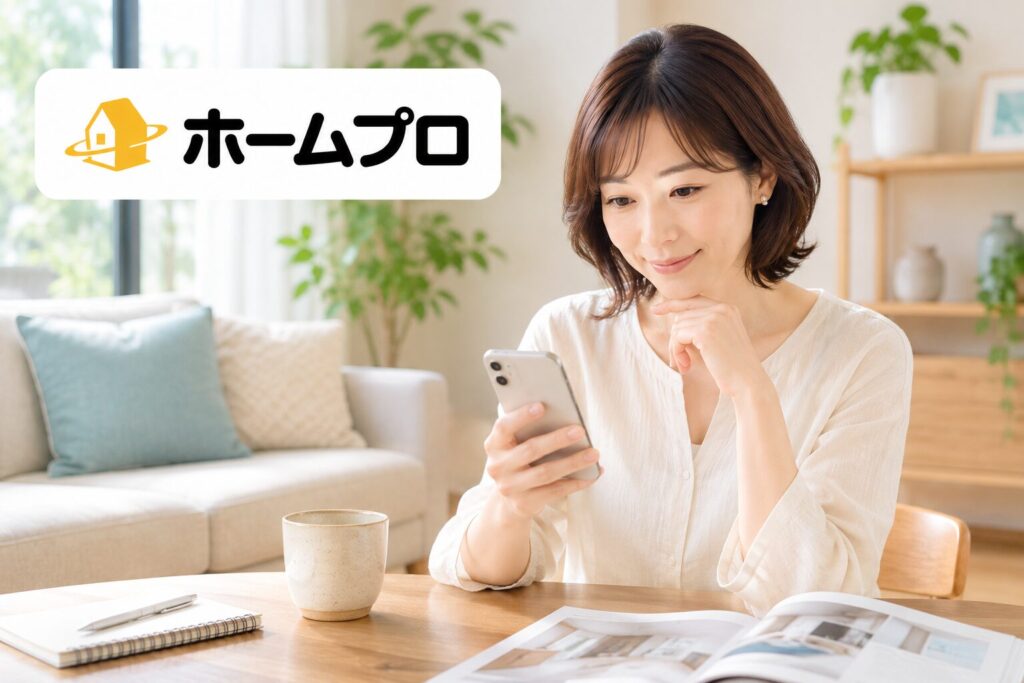 ホームプロで複数のリフォーム会社の口コミや評価をスマホで比較する女性