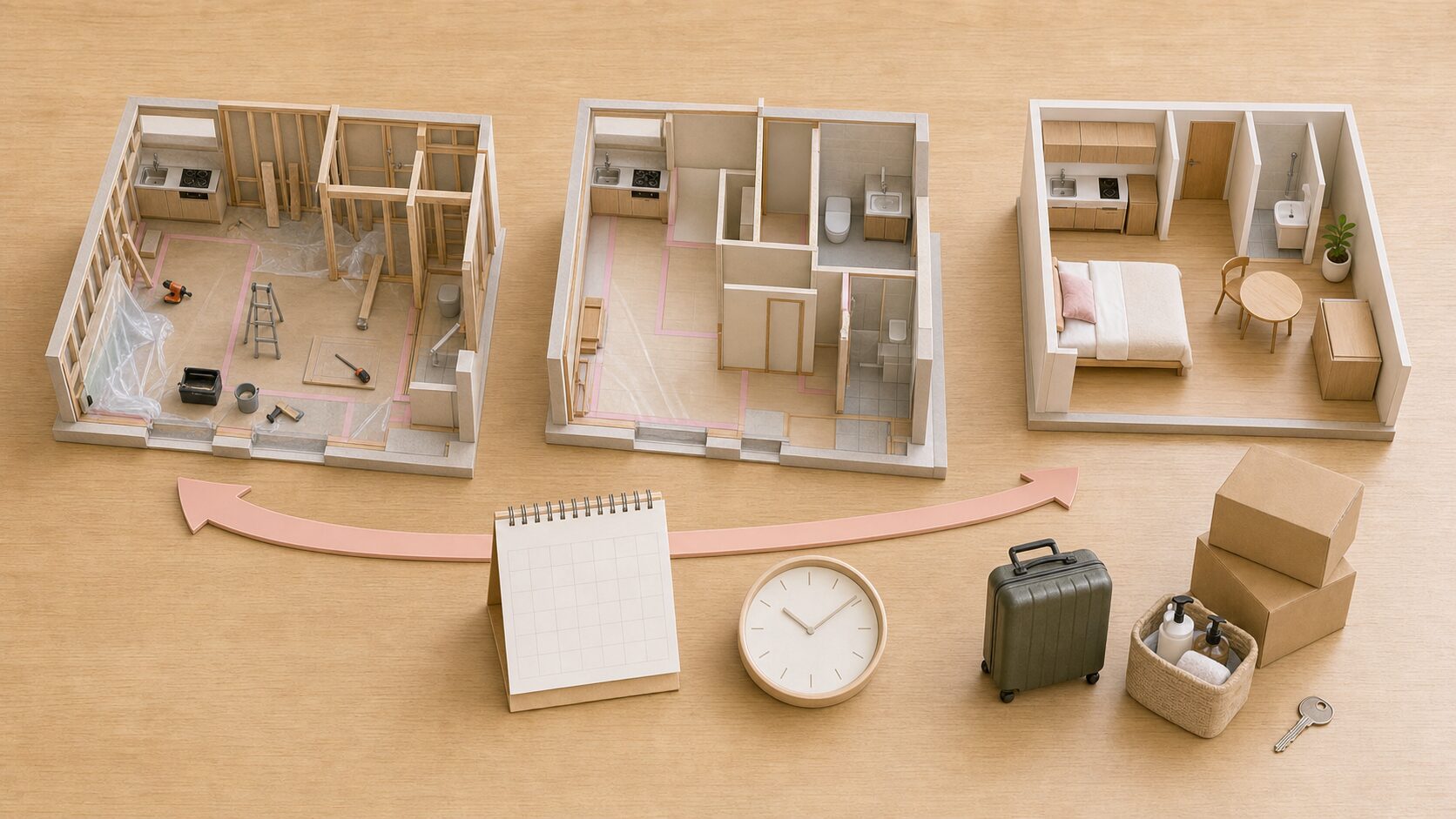 工事中の部屋、間取り、仮住まいの部屋を並べた模型。カレンダー、時計、スーツケース、段ボールが置かれている