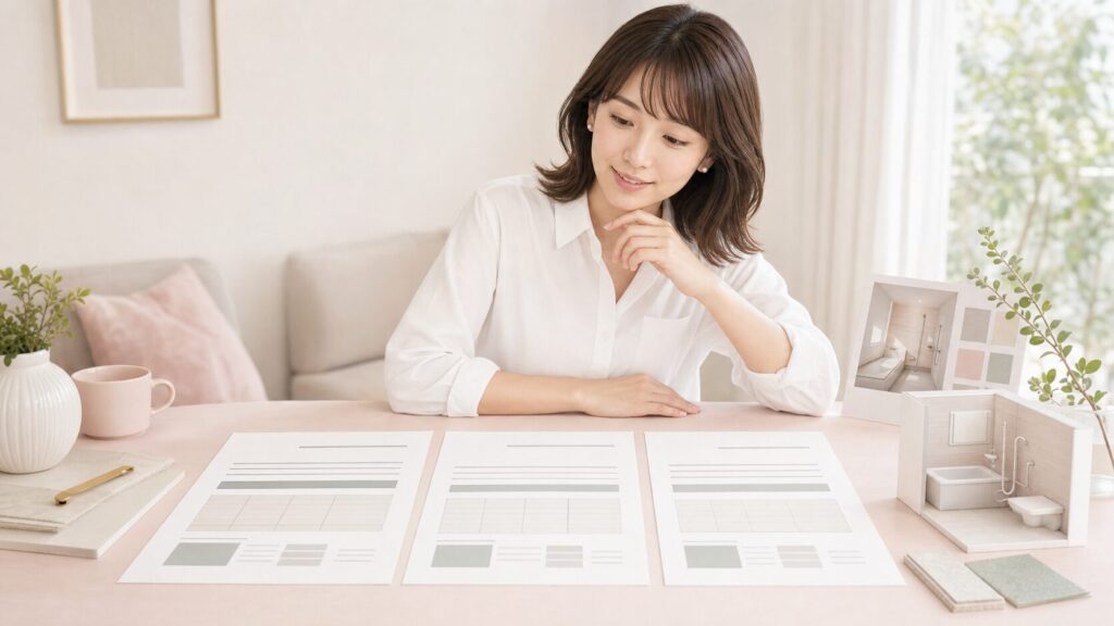 水回りリフォームの見積書3社を見比べている様子のイメージ画像