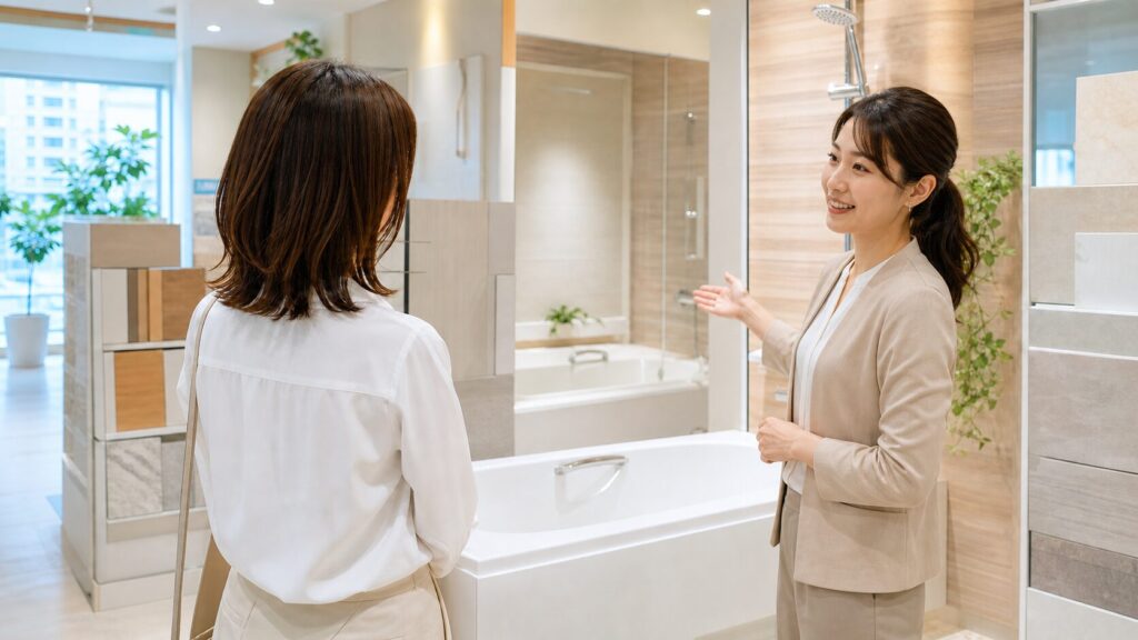 ショールームでスタッフの説明を受ける女性のイメージ画像