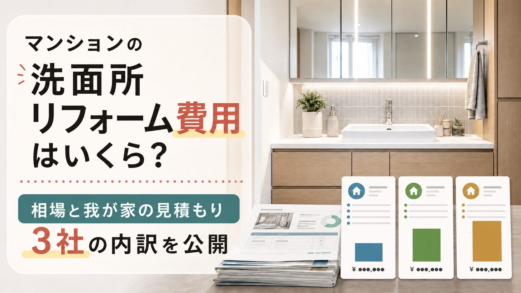マンションの洗面所リフォーム費用はいくら?相場と我が家の見積もり3社の内訳を公開、と書かれたアイキャッチ画像