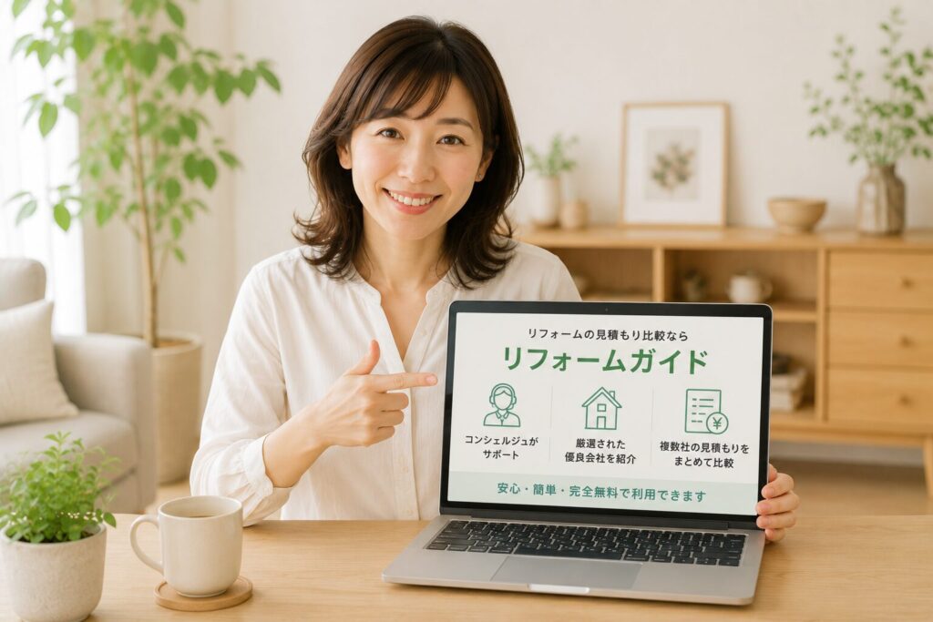 リフォームガイドをおすすめする女性。ノートパソコンを使ってサービスの特徴を紹介しているイメージ。