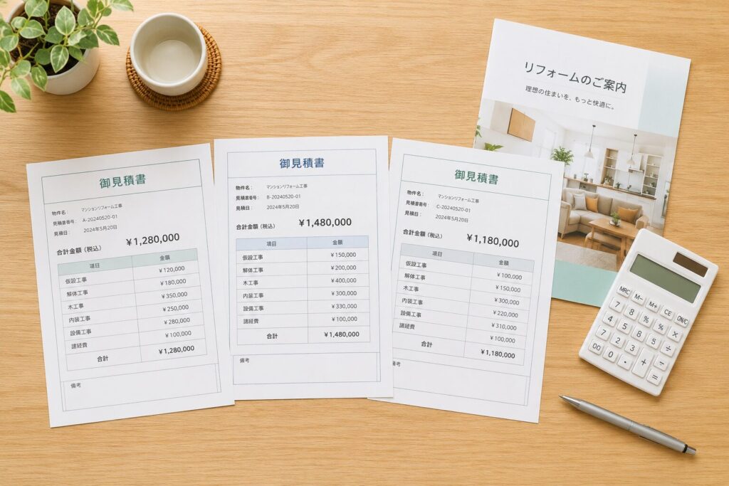 テーブルに3社分のリフォーム見積書、パンフレット、電卓、ペンを並べて比較している俯瞰イメージ。