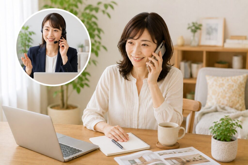 自宅でリフォームの電話相談をする女性