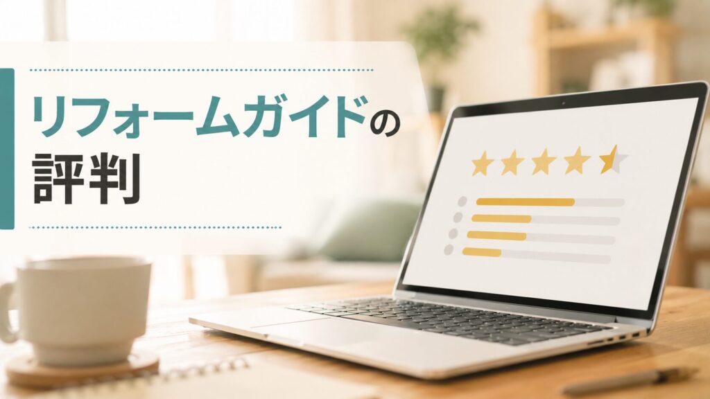 ノートパソコンの画面に星評価のレビュー画面を表示したイメージ。リフォームガイドの評判や口コミを調査している様子。