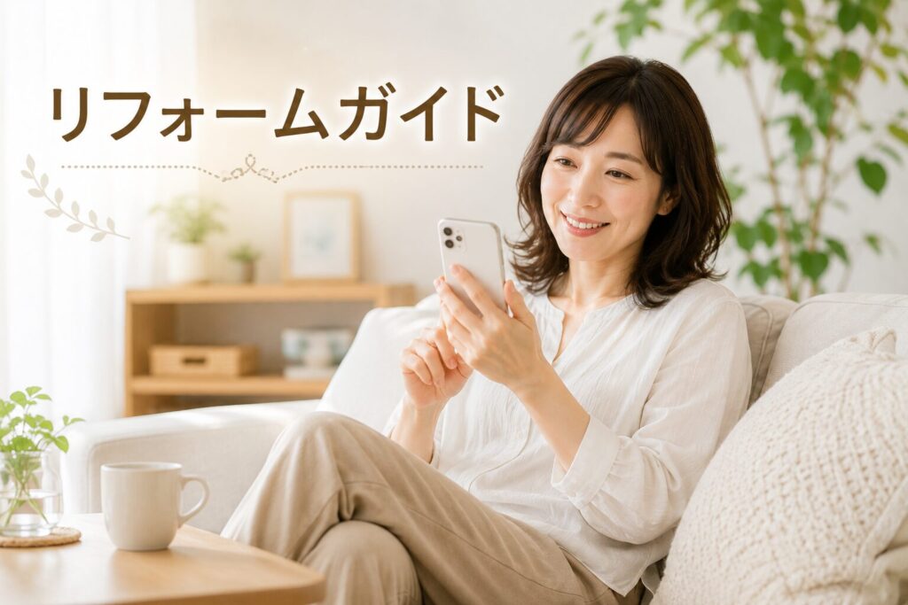 リフォームガイドの一括見積もりフォームをスマートフォンから気軽に送信する40代女性のイメージ