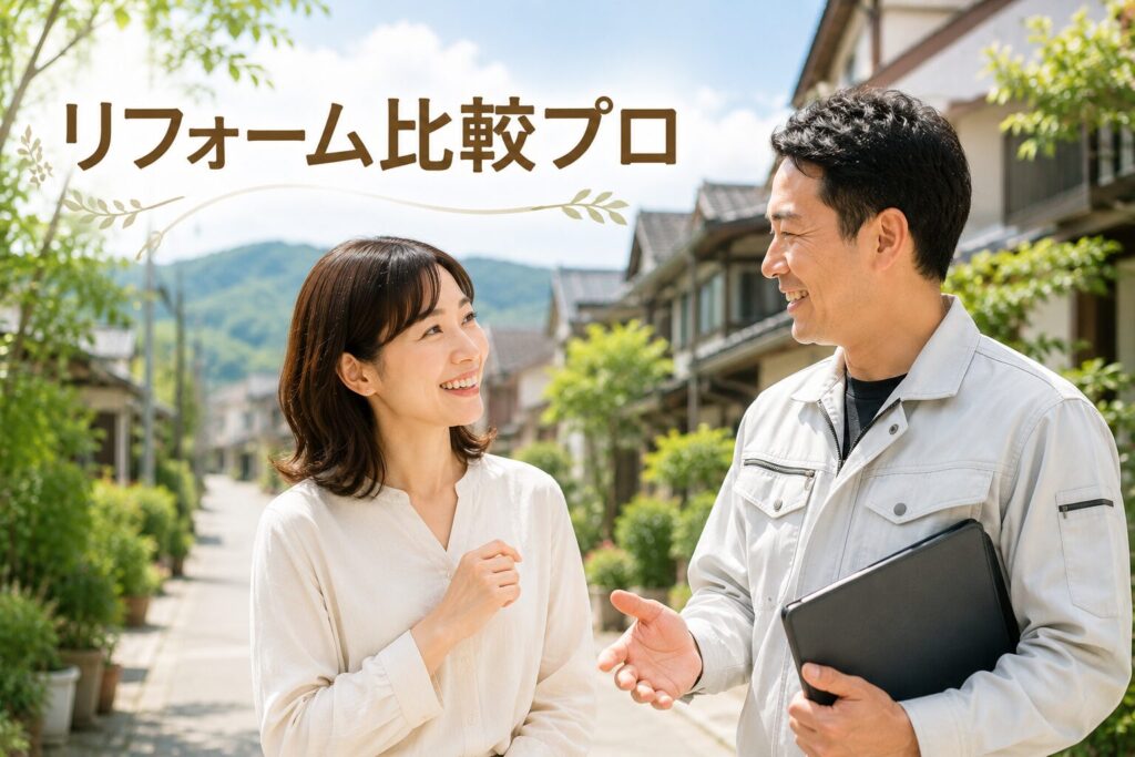 地元の街並みを背景に、リフォーム会社の担当者と笑顔で相談する40代女性のイメージ。リフォーム比較プロを利用した相談の様子