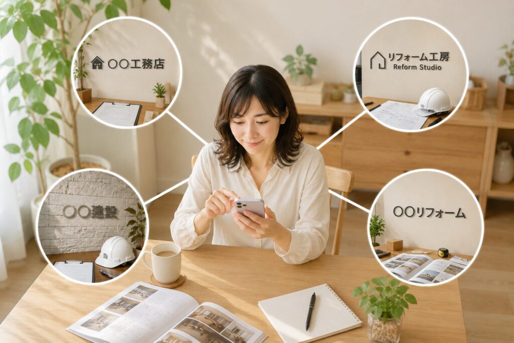 スマートフォンでリフォーム一括見積もりサービスを利用し、複数のリフォーム会社・工務店を比較している40代女性のイメージ