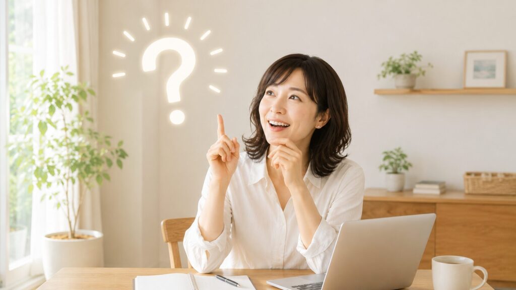 リフォーム一括見積もりについてひらめいた40代女性のイメージ。大きなはてなマークを見上げながら考えている様子
