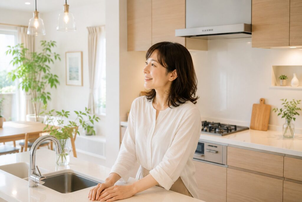 リフォーム後の明るいキッチンで満足そうに微笑む40代女性のイメージ