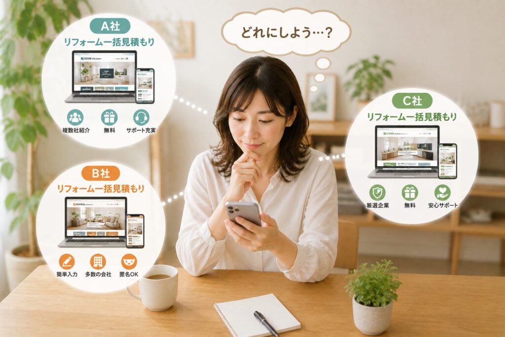 一括見積もりサイト3社を比較し、どのサービスを利用するか迷っている女性のイメージ。