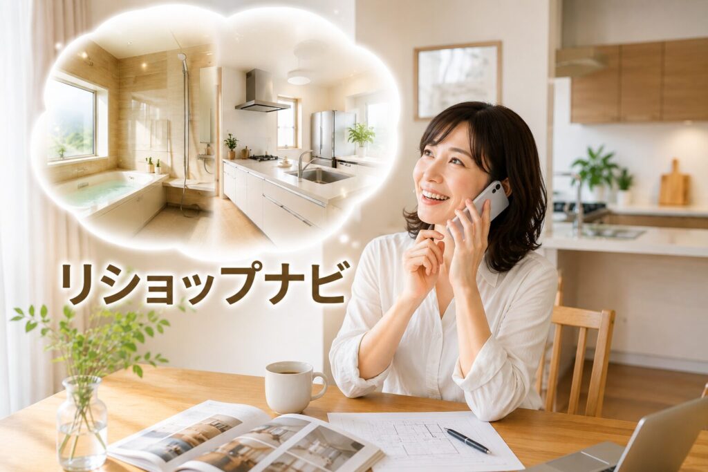 きれいな浴室とキッチンを背景に、電話でリフォームの要望を相談する40代女性のイメージ。リショップナビのヒアリングの様子