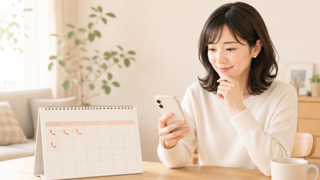 電話の予定をカレンダーで確認しながらスマートフォンを操作する女性