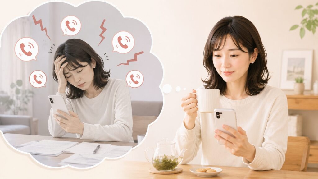 ひっきりなしの着信に悩む場面と、落ち着いてスマートフォンを確認する場面の比較イメージ