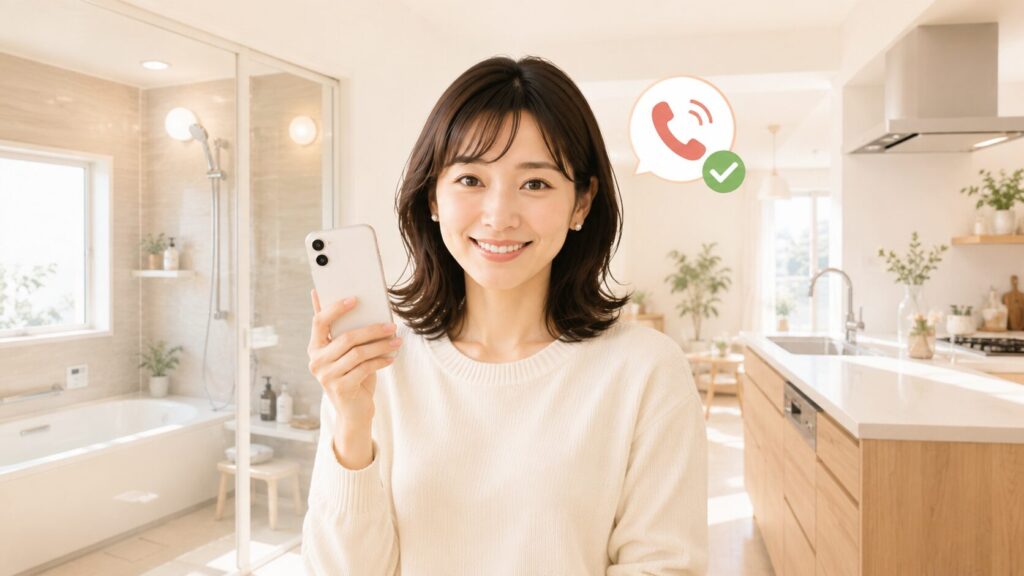 明るい水回りを背景に、スマートフォンを手にした笑顔の女性