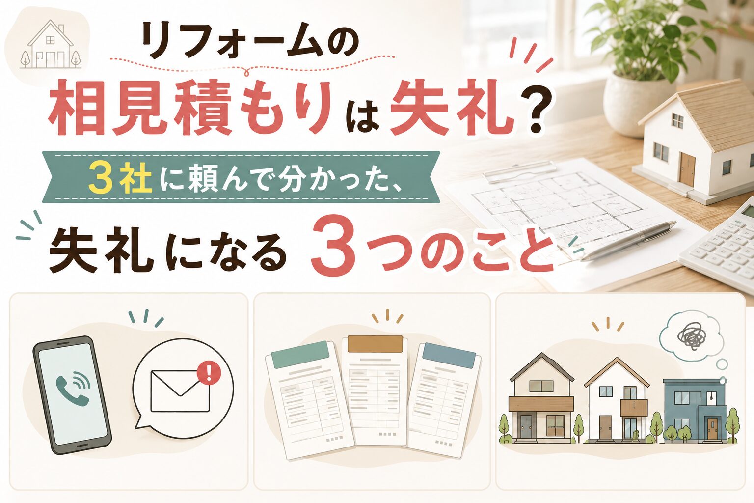 リフォームの相見積もりは失礼?3社に頼んで分かった、失礼になる3つのこと。電話とメール、3社分の見積書、3軒の家のイラスト入りアイキャッチ