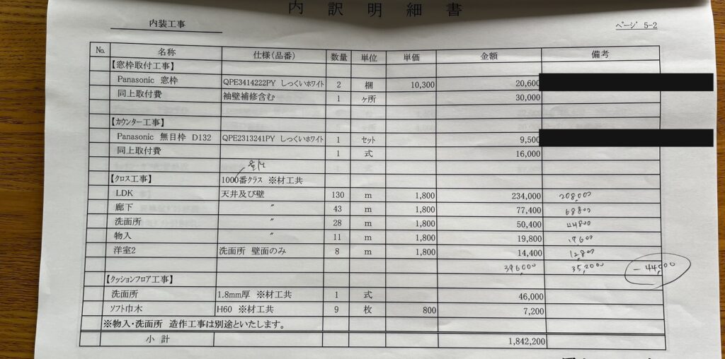 リフォームの見積書の内訳明細書。クロス工事の金額を鉛筆で計算し直した手書きメモ