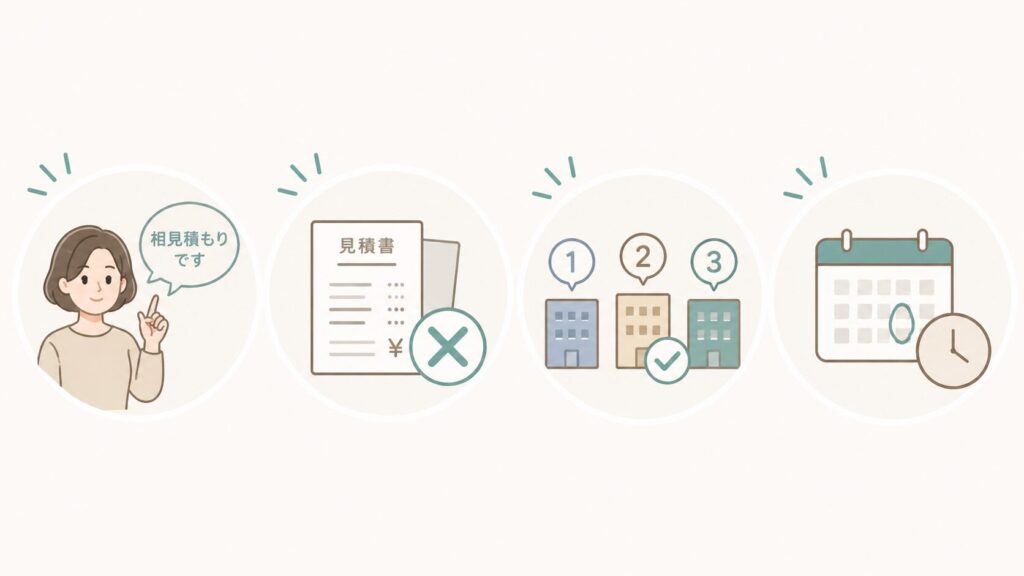 相見積もりの進め方を示すイラスト。相見積もりだと伝える、見積書は他社に見せない、依頼する会社数を決める、現地調査の日程をそろえるの4つ