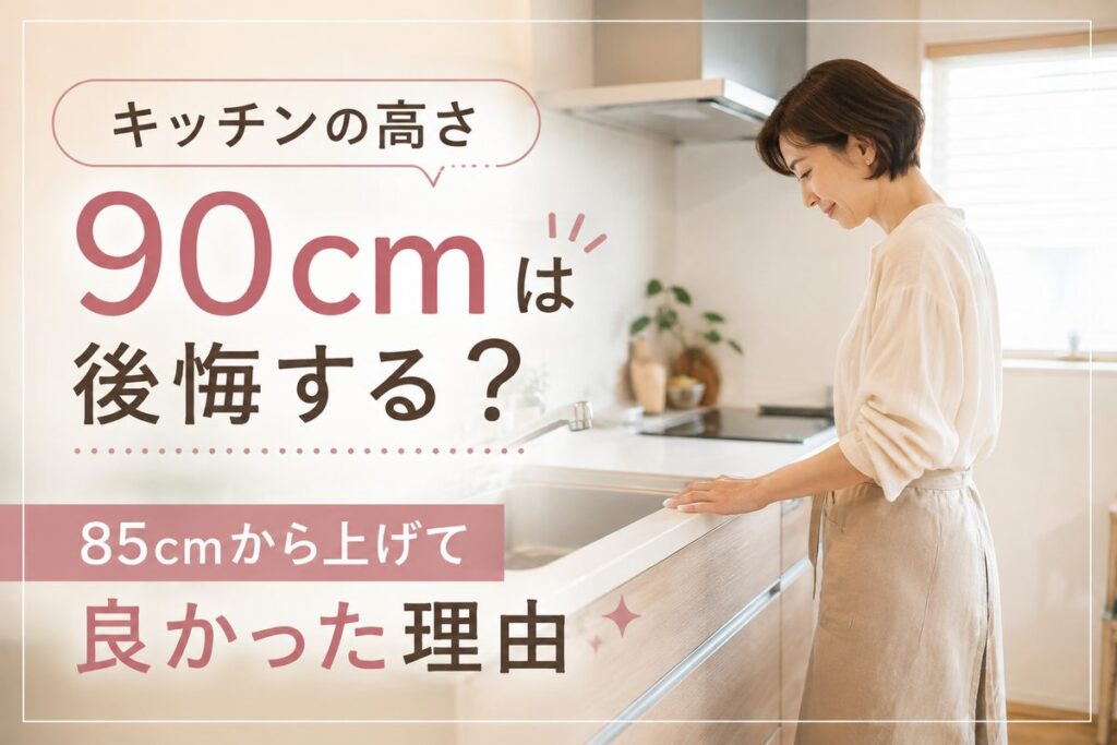 キッチンの高さ90cmは後悔する？85cmから上げて良かった理由、と書かれたアイキャッチ画像。背景は明るいキッチンで天板に手を置いて立つ女性