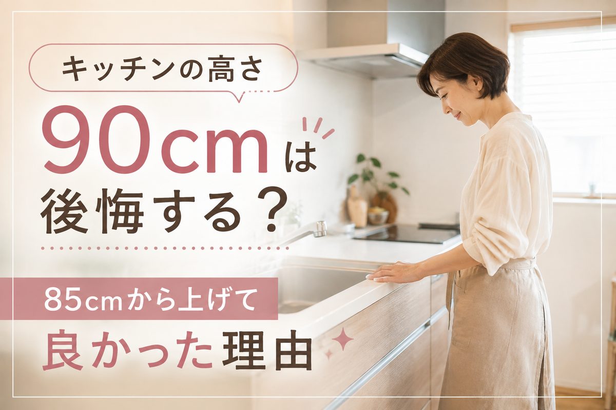 キッチンの高さ90cmは後悔する?85cmから上げて良かった理由、と書かれたアイキャッチ画像。背景は明るいキッチンで天板に手を置いて立つ女性