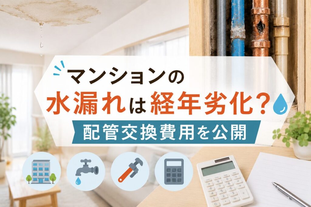 マンションの水漏れは経年劣化？配管交換費用を公開と書かれたアイキャッチ。天井のシミと、壁の中を通る銅製の給湯管、電卓