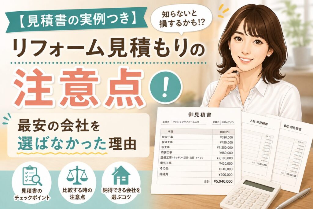 「【見積書の実例つき】リフォーム見積もりの注意点　最安の会社を選ばなかった理由」と書かれたアイキャッチ画像。見積書のイラスト3枚と電卓、考えている女性のイラスト
