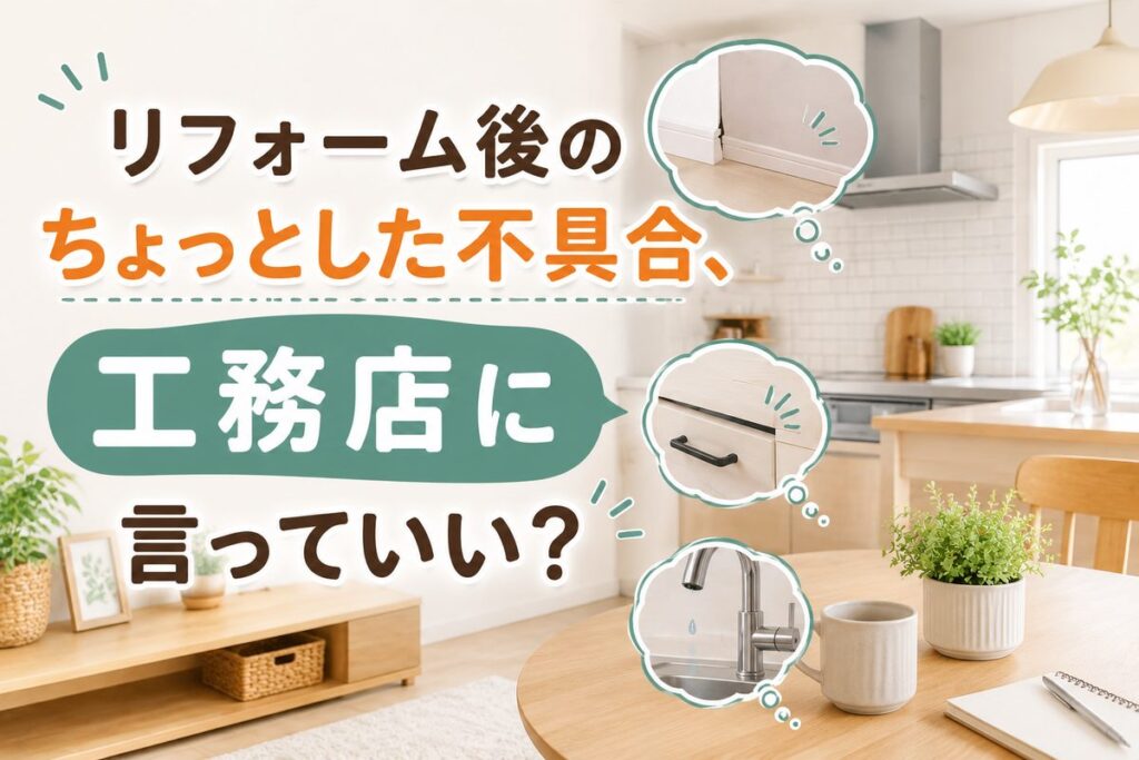 「リフォーム後のちょっとした不具合、工務店に言っていい？」と書かれたアイキャッチ画像。床の境目の浮き、扉の傷、水栓の水漏れを吹き出しで示している