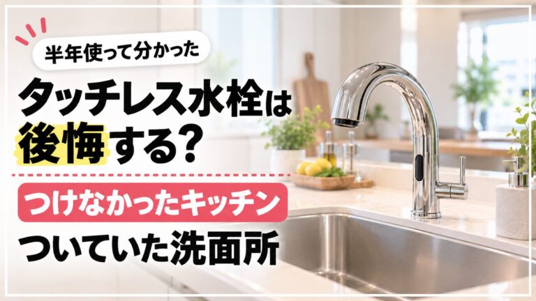 「半年使って分かった タッチレス水栓は後悔する? つけなかったキッチン ついていた洗面所」と書かれたアイキャッチ。明るいキッチンのシンクとタッチレス水栓の写真